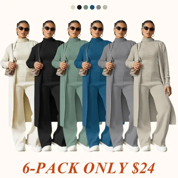 Trendy Knit Turtle Neck Tank & Wide Leg Trousers With Open-Front Long Cardigan Three-Piece Sets