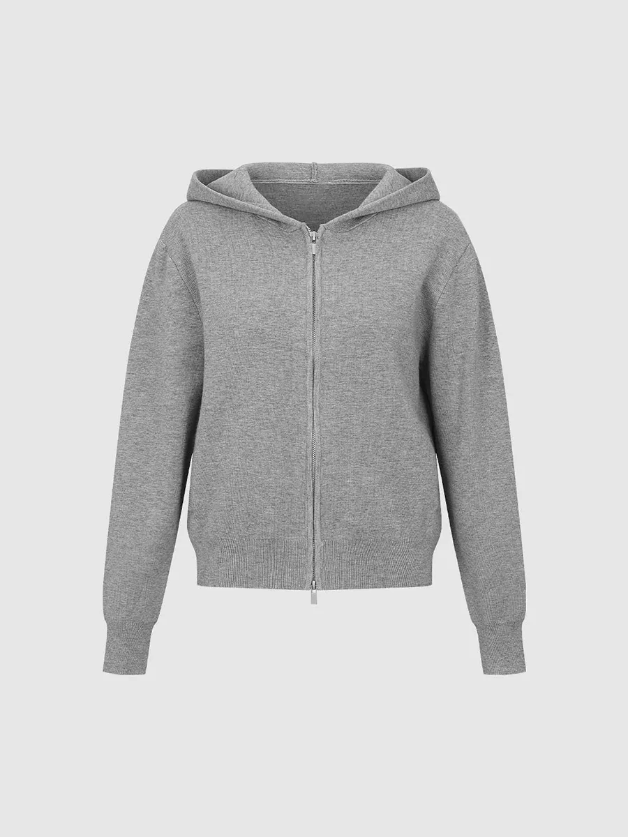 Lady's Grey Casual Style Zippered Knitted Hoodie