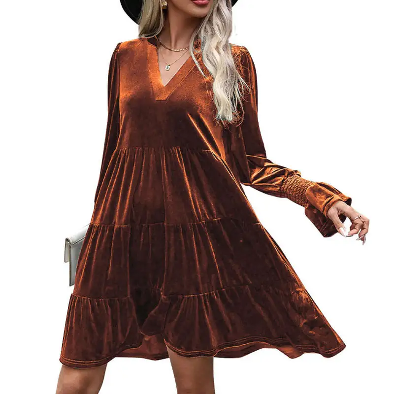 Women's V-Neck Puff-Sleeve Ruffled Dress