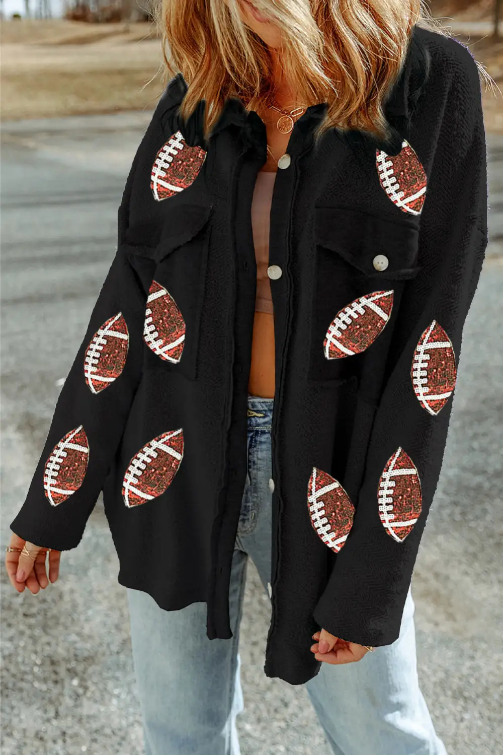 Sequined Rugby Flap Pockets Button Shirt Jacket