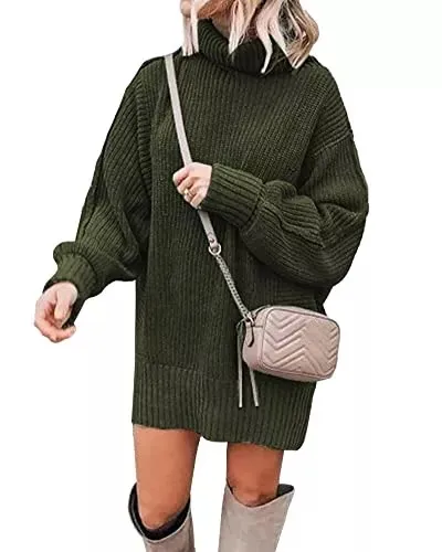 Women Fashion Sweater Short Dress Long Sleeve Turtleneck Oversized Fall Winter Soft Chunky Knit Pullover Sweaters