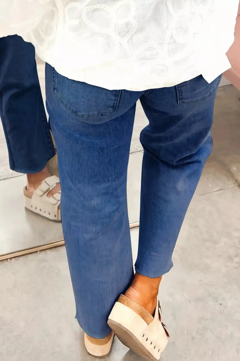High-Waist Raw-Hem Washed Pocketed Straight Leg Jeans