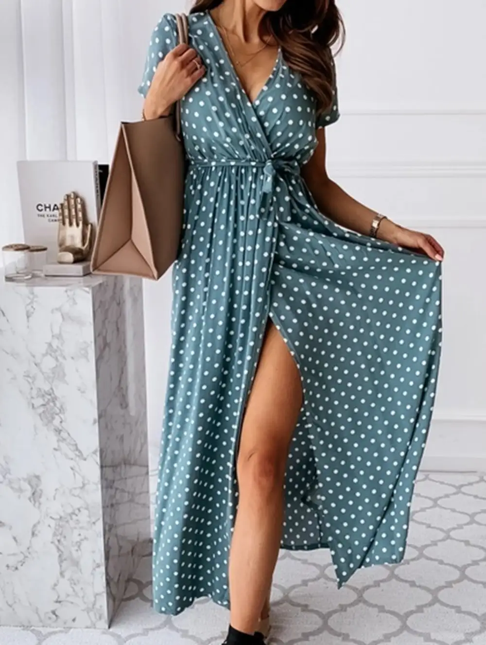 Bohemian V-Neck Polka Dot Dress Short Sleeve Flowy Fit