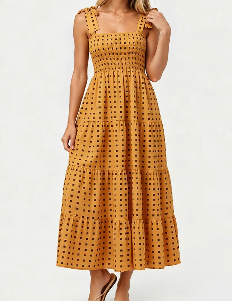 Abstract Smocked Strap Square Neck Midi Dress