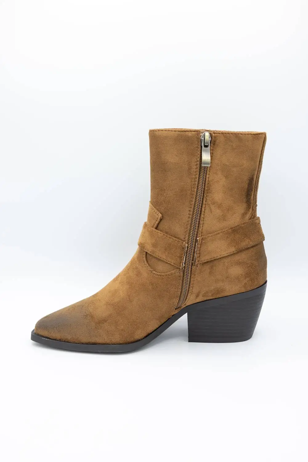 Modern Harness Suede Pointed Toe Mid Calf Bootie