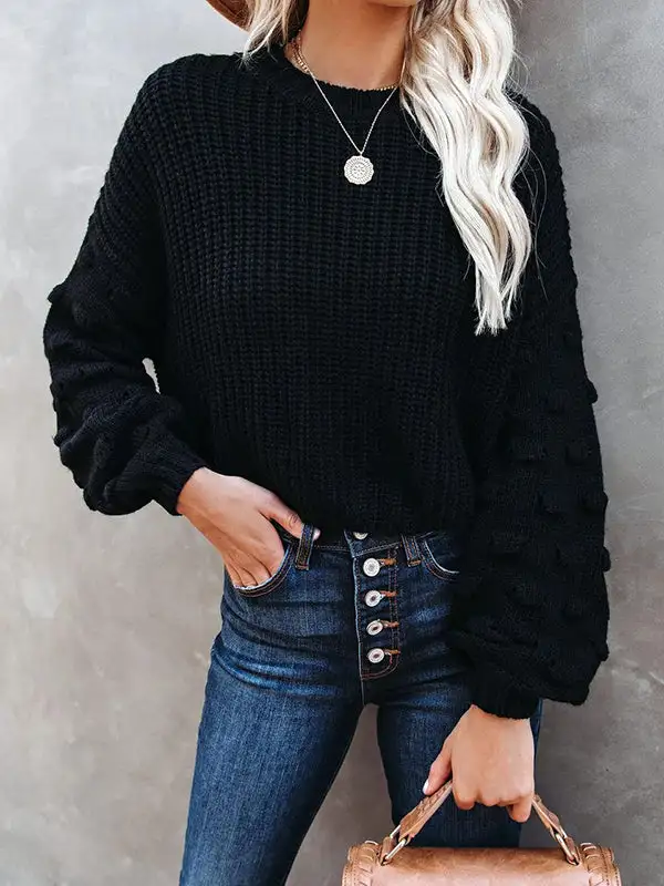 Openwork Round Neck Long Sleeve Relaxed Fit Pullover Sweater