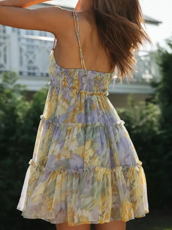 A Line Relaxed Flower Print Layered Pleated Split Joint Tied Spaghetti