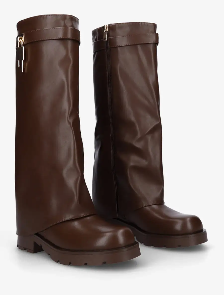 Elegant Block Heel Fold-Over Faux Leather Knee High Boots