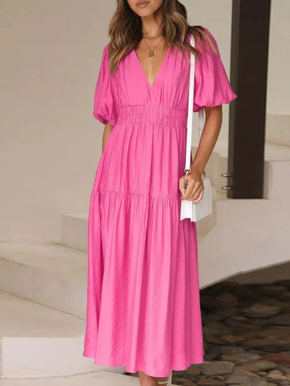 V Neck Puff Sleeve Midi Dress