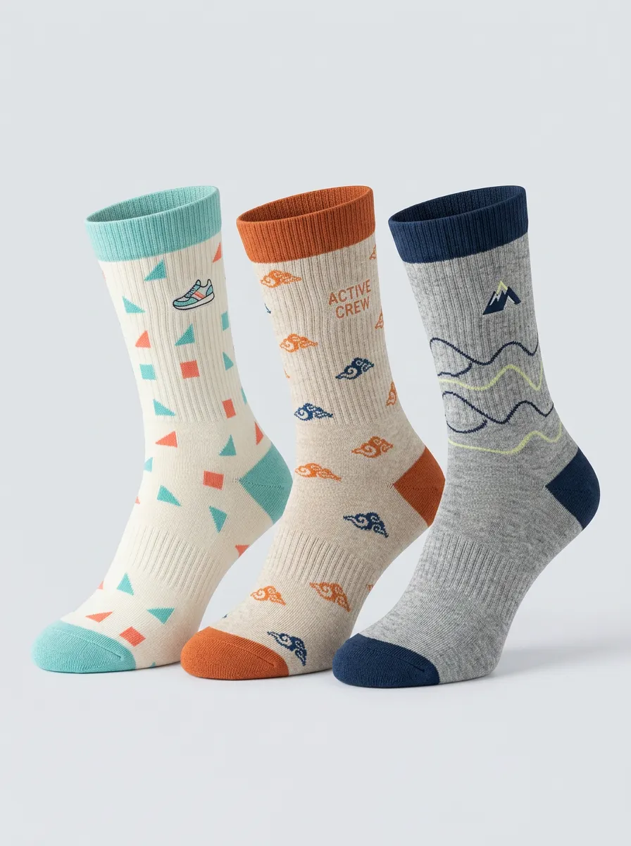 Unisex Geometric Outdoor Adventure Three-Pair Embroidered Crew Socks