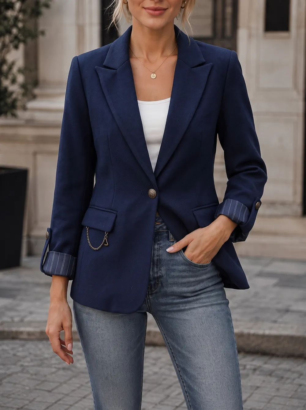 Women's Business Casual Navy Blue Chain Detail Rolled Sleeve Blazer