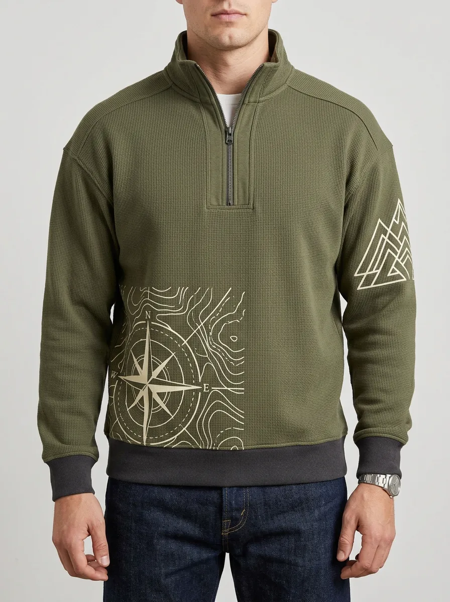 Men's Outdoor Compass Topographic Graphic Quarter-Zip-Neck Sweatshirt