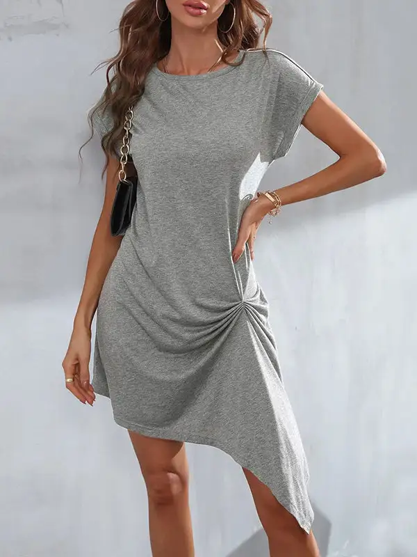 Casual Short Sleeve Pleated Round Neck Mini Dress
