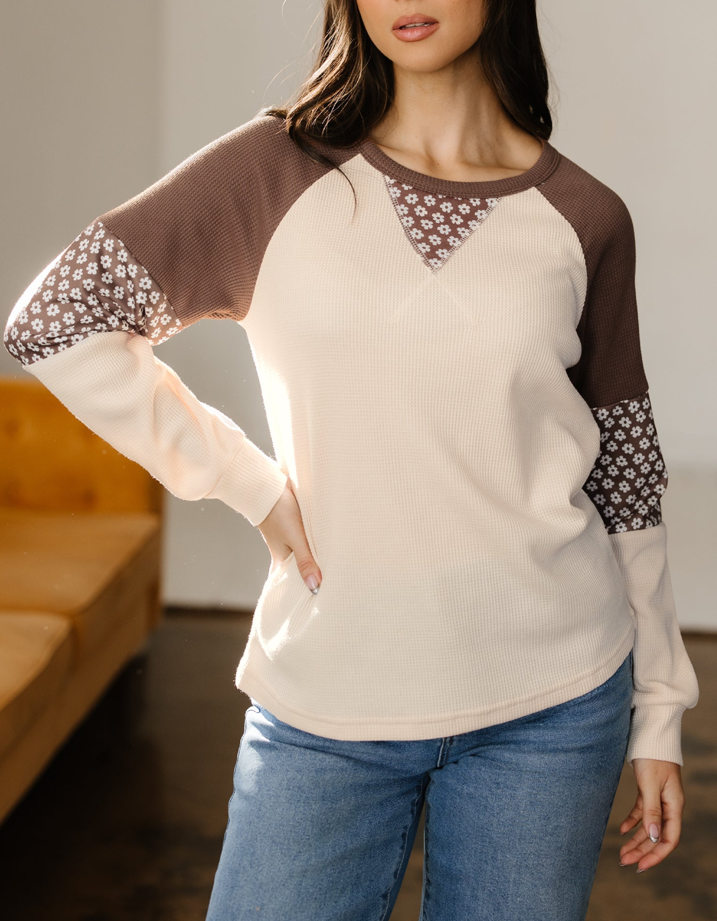 Women's Floral Print Colorblock Long Sleeve Top