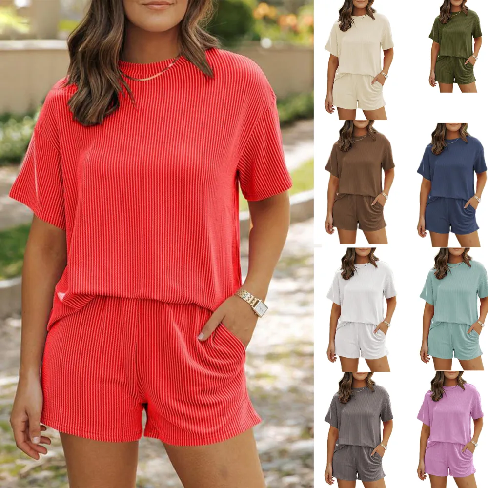 Women'S Solid Textured Pocket Shorts Set, Casual Fit Short Sleeve T-Shirt & Elastic Waist Shorts, Women'S 2 Piece Sets, Ladies Summer Clothes For Daily Wear, Womenswear, Clothing Sets