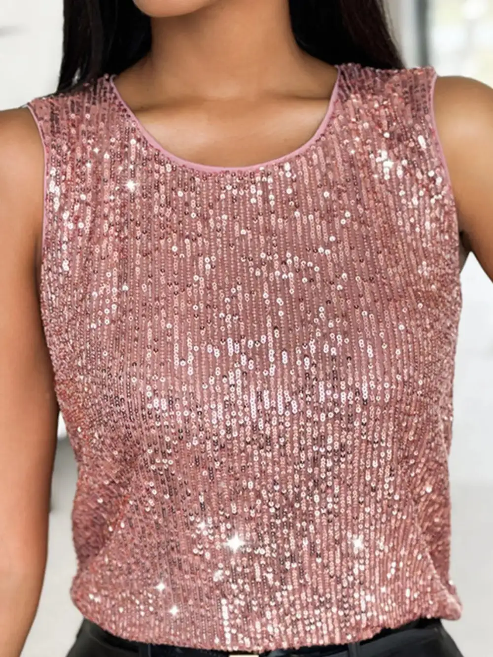 Refined Round-Neck Sequined Tank Top
