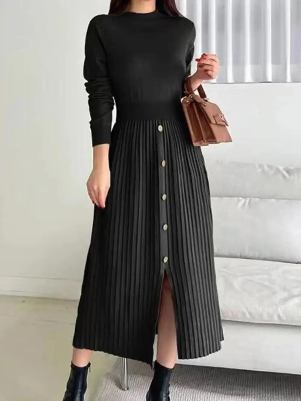 Knit Mock Neck Slit Sweater Dress