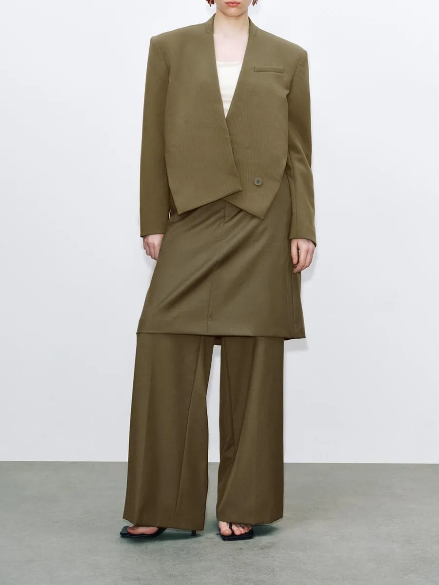 A Khaki Asymmetrical And Elegant Blazer For Women