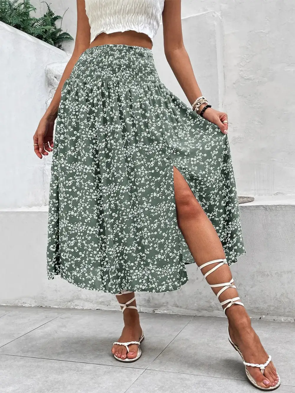 Slit Smocked Printed Skirt