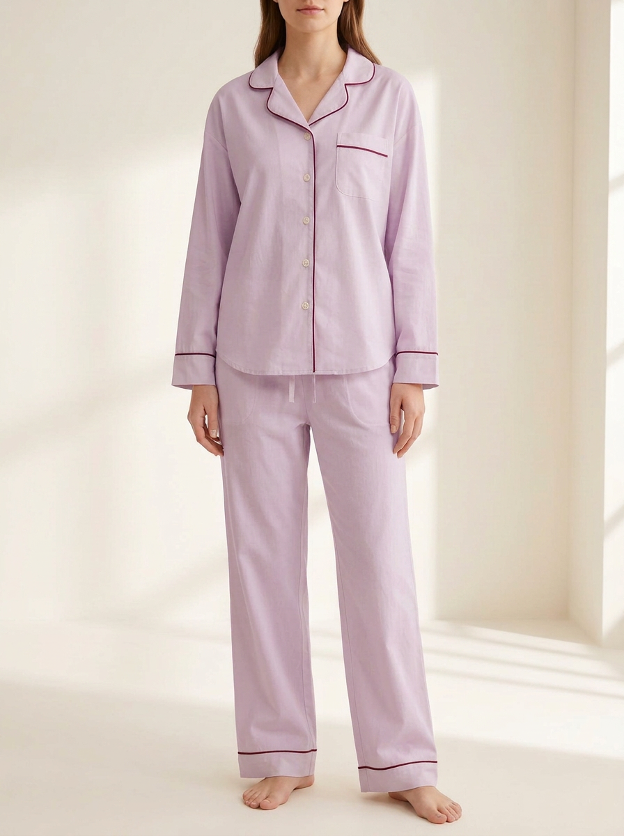 Women's Contrast-Placket Piped-Hem Pajama Set