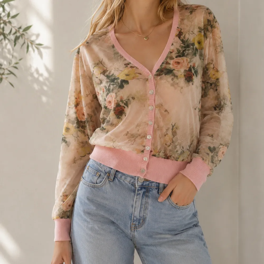 Floral Detail Ribbed Mesh Cardigan