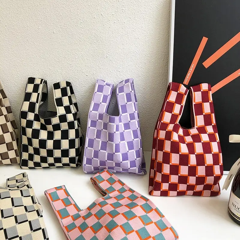 Knit Checkerboard Casual Tote Bag