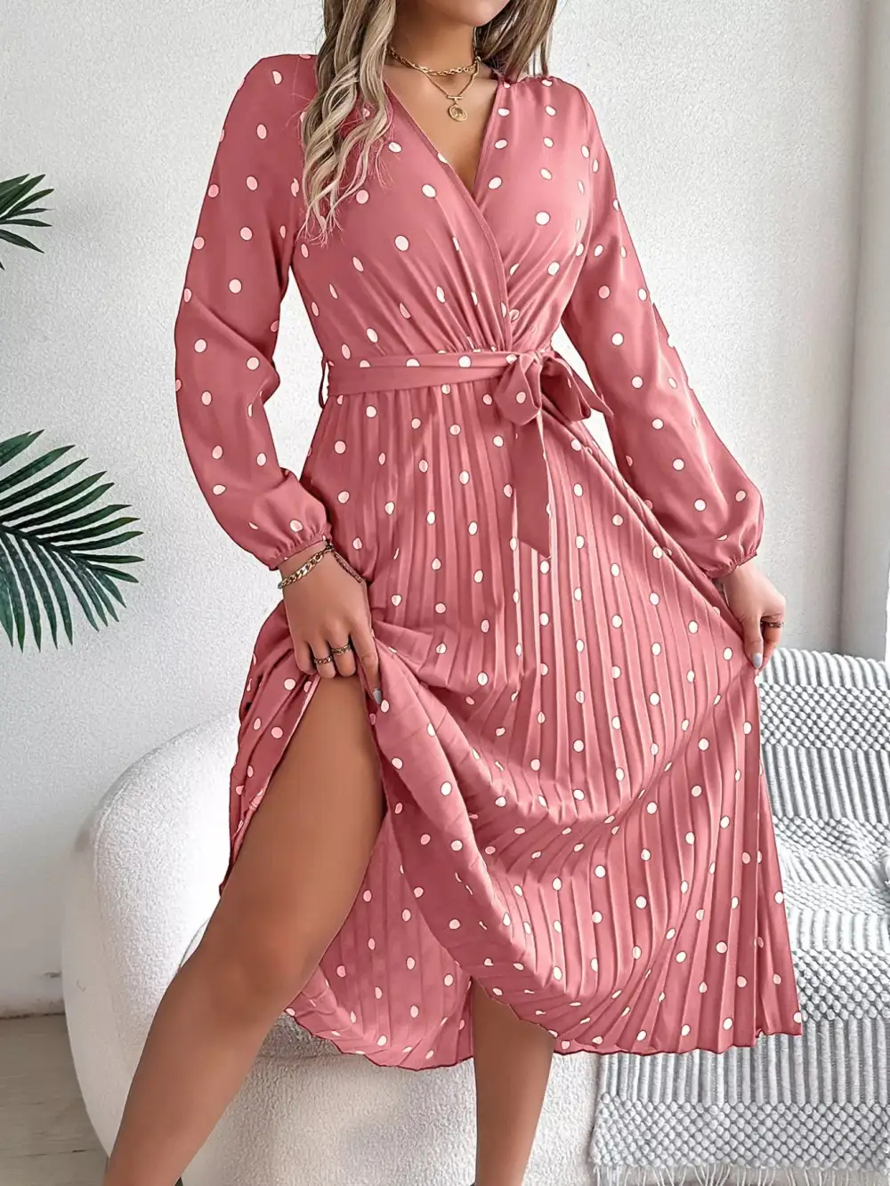Polka Dot Pleated Midi Dress