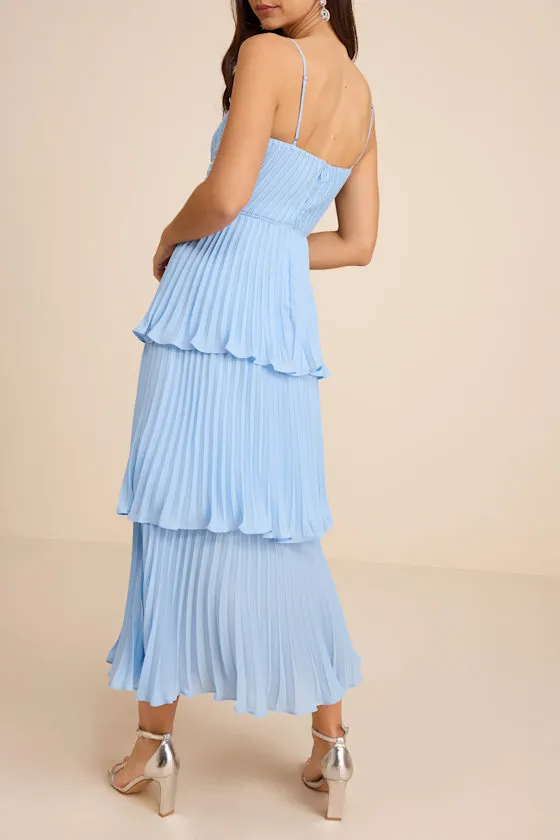 Cascading Crush Light Blue Tiered Bustier Midi Dress