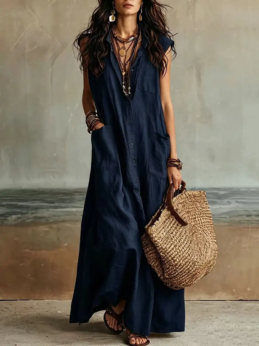 Loose Buttoned Sleeveless Maxi Dress