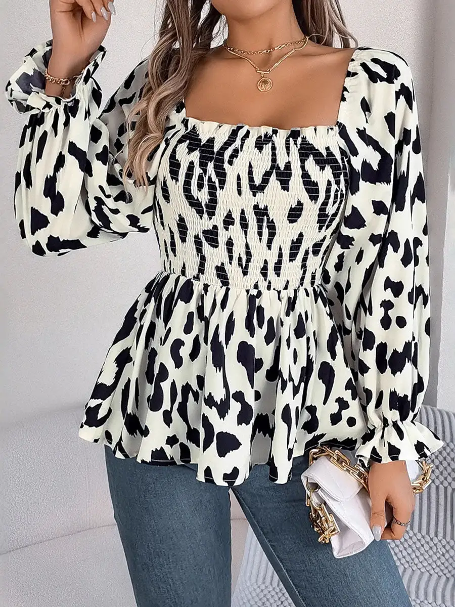 Long Sleeve Puff Sleeve Leopard Pleat Detail Ruffle Square Neck T-Shirt