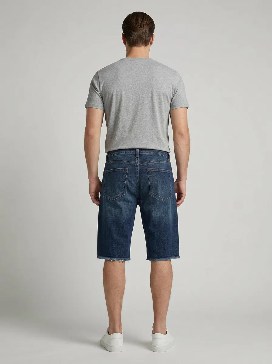 All-Day Embroidered Raw Hem Style Men's Distressed Raw Hem Denim Shorts