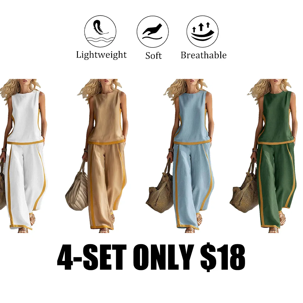 Linen Blend 2-Piece Set for Women Sleeveless Color Block Top Wide Leg Pants Set