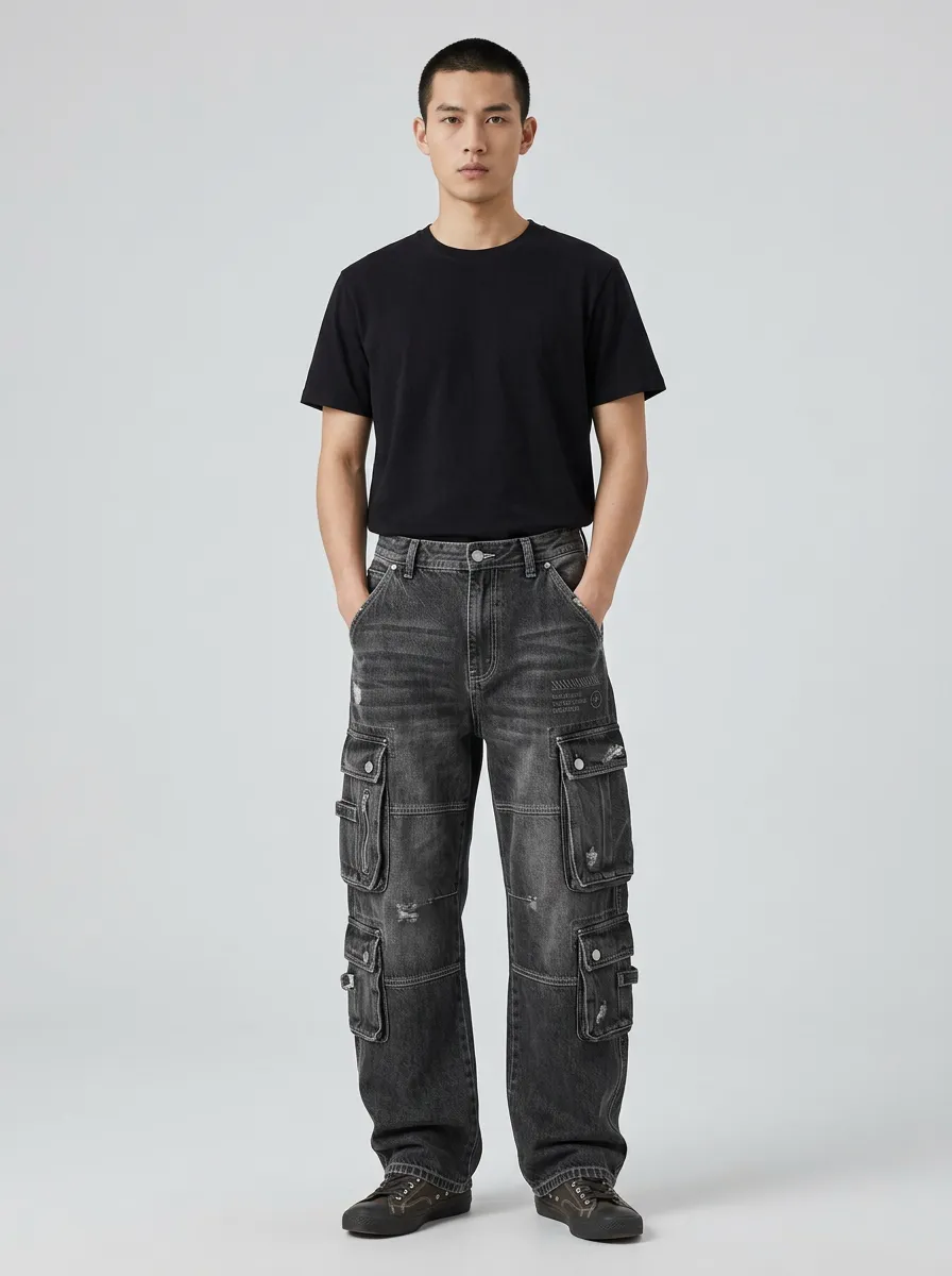Men's Washed Black Graphic Detail Multi-Pocket Straight-Leg Denim Cargo Pants