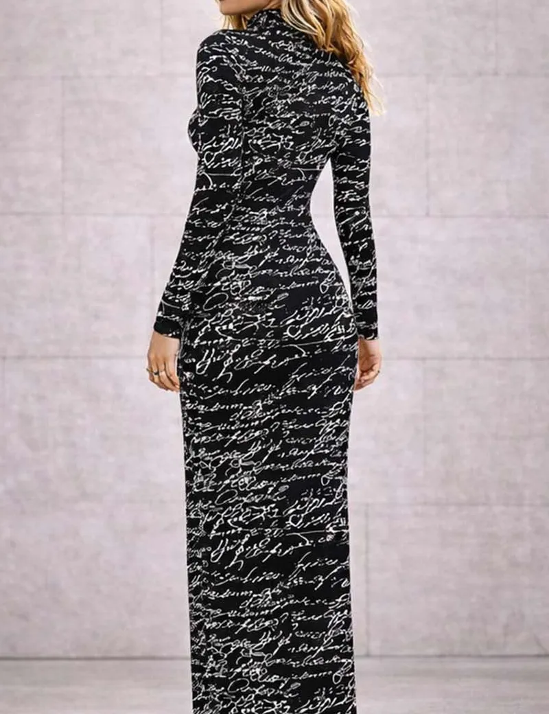 Mock Neck Letter Pattern Long Sleeves Bodycon Maxi Dress