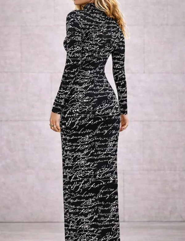 Mock Neck Letter Pattern Long Sleeves Bodycon Maxi Dress