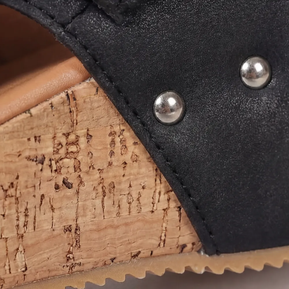 Retro Cork Wedge Sandals with Rivet Detail