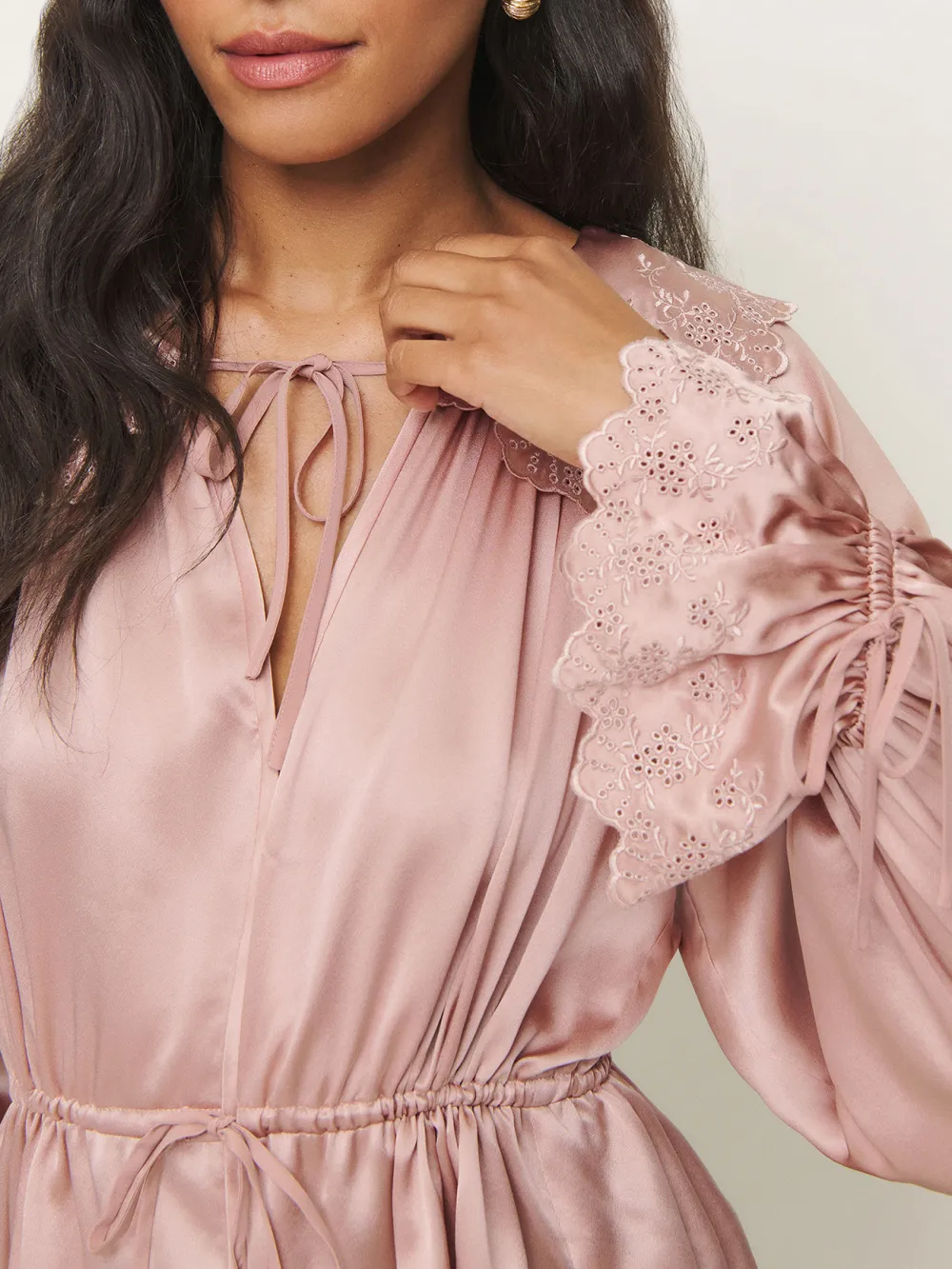 Ruffled V Neck Drawstring Blouse