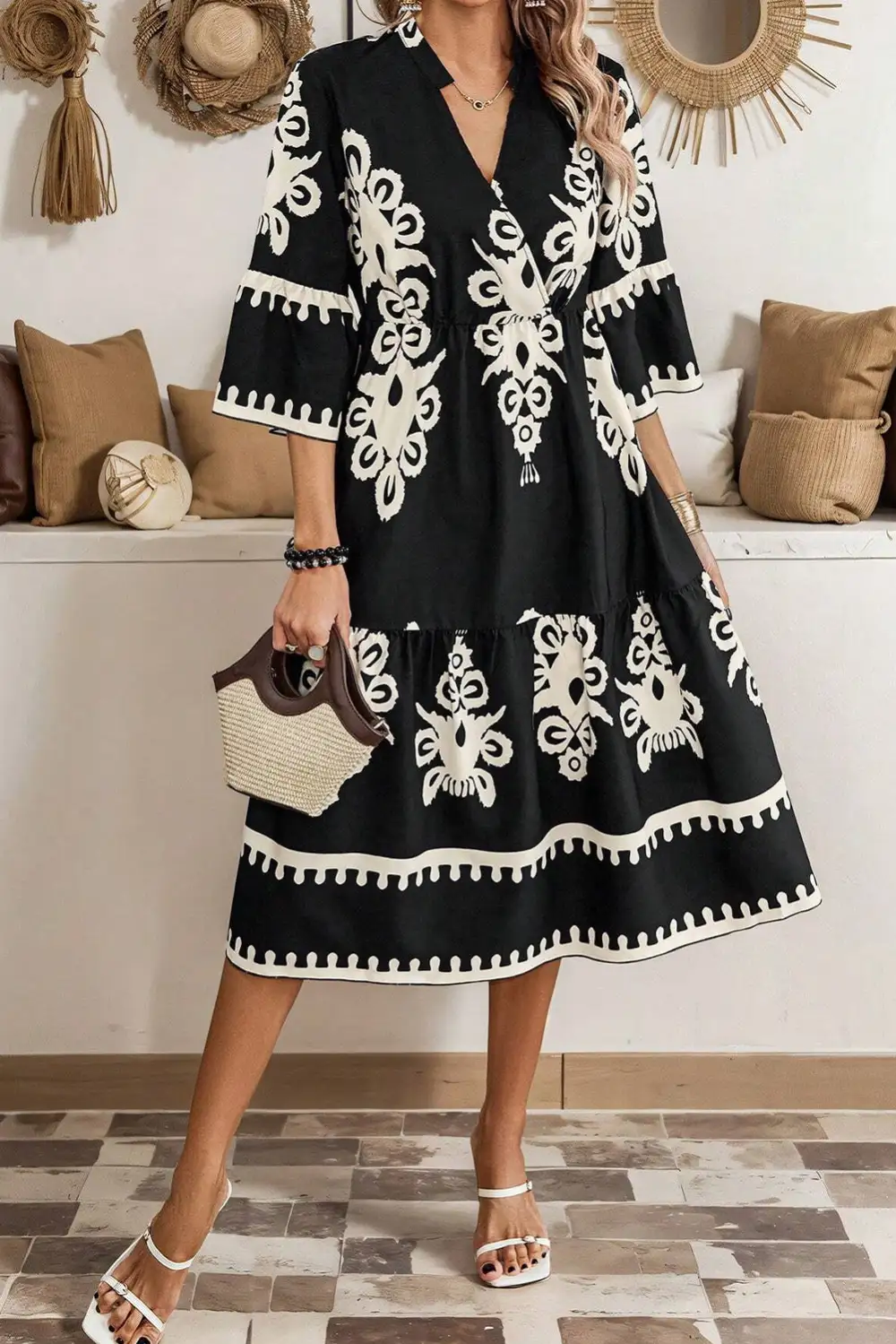Geometric Print Bracelet Sleeve Midi Dress