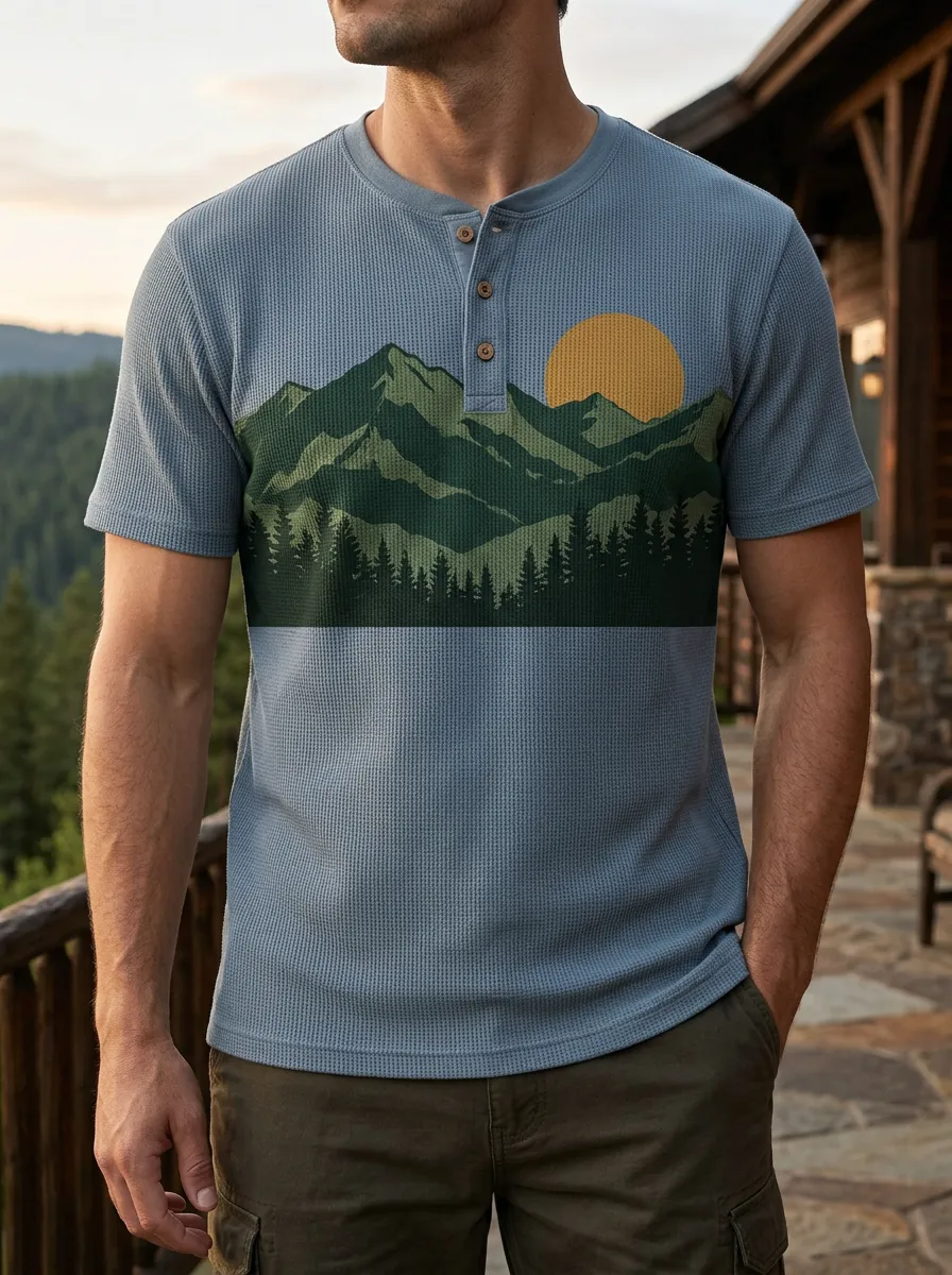Men's Modern Nature Lover Mountain Forest Sun Henley T-Shirt