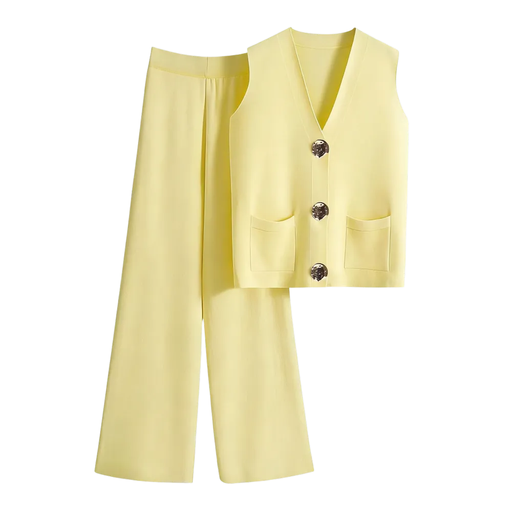 Women's Elegant V Neck Gold-Toned Button Decor Tank Top & Wide Leg Trousers Co-ord
