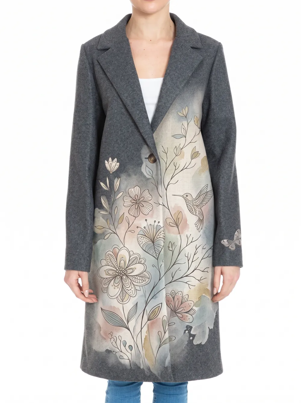 Women's Floral Hummingbird Nature Art Printed Coat