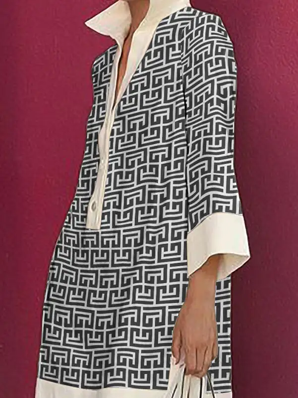 Long Sleeve Three Quarter Sleeve Buttoned Printed Lapel Mini Dress Shirt