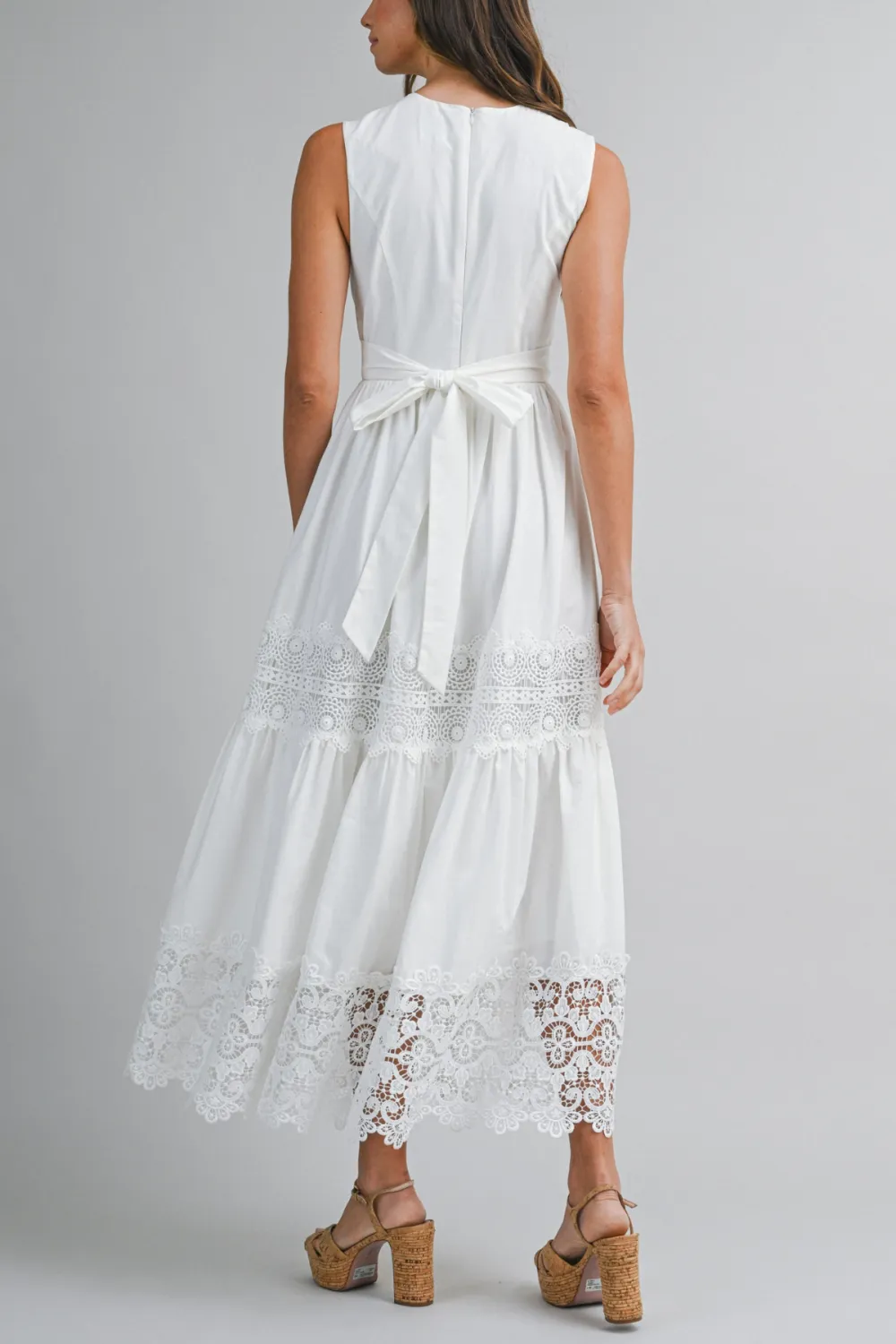 Sleeveless Lace Trim Back Tie Midi Dress