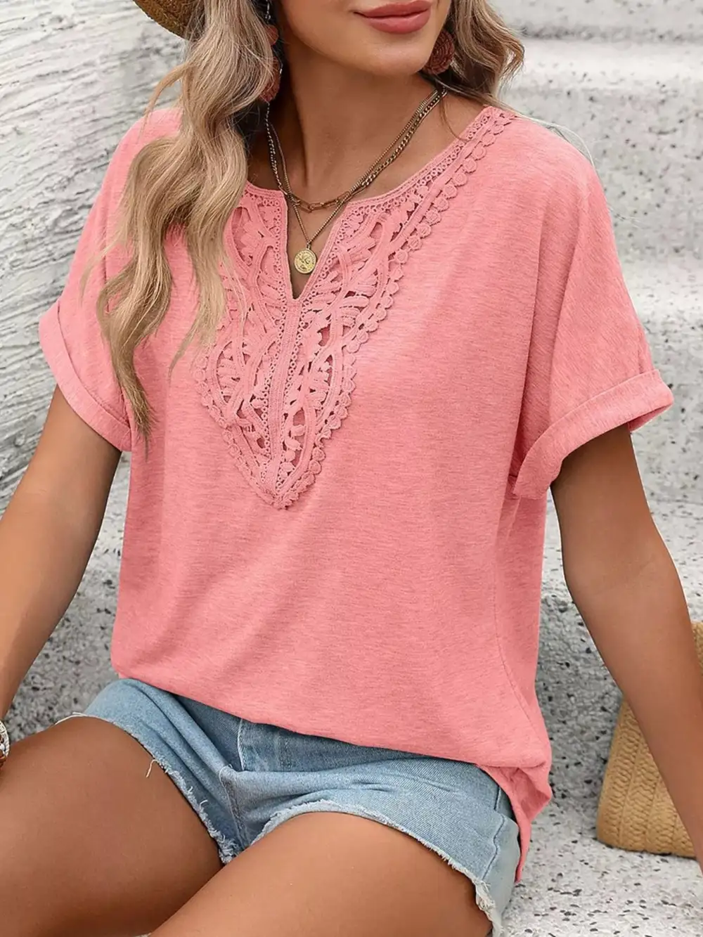 Lace Trim Detail Short Sleeve T-Shirt
