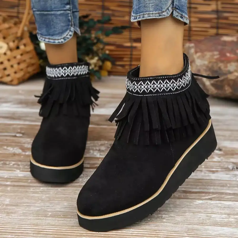 Fringe Round Toe Ankle Boots