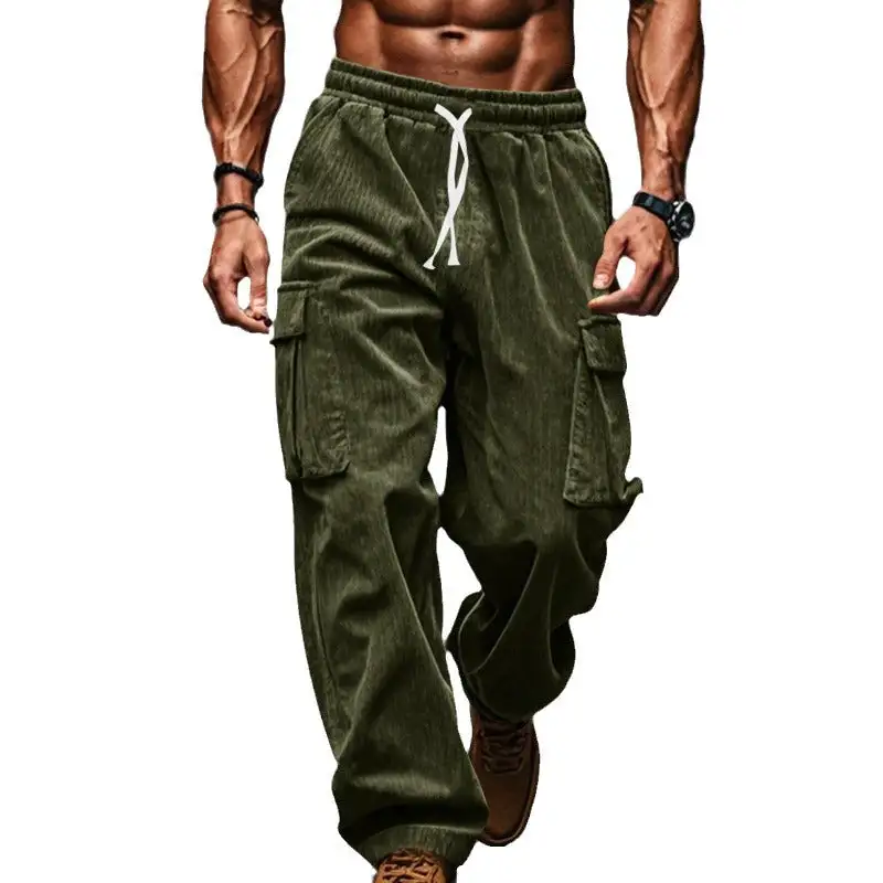 Men's Loose Corduroy Cargo Pants Waistband Pockets