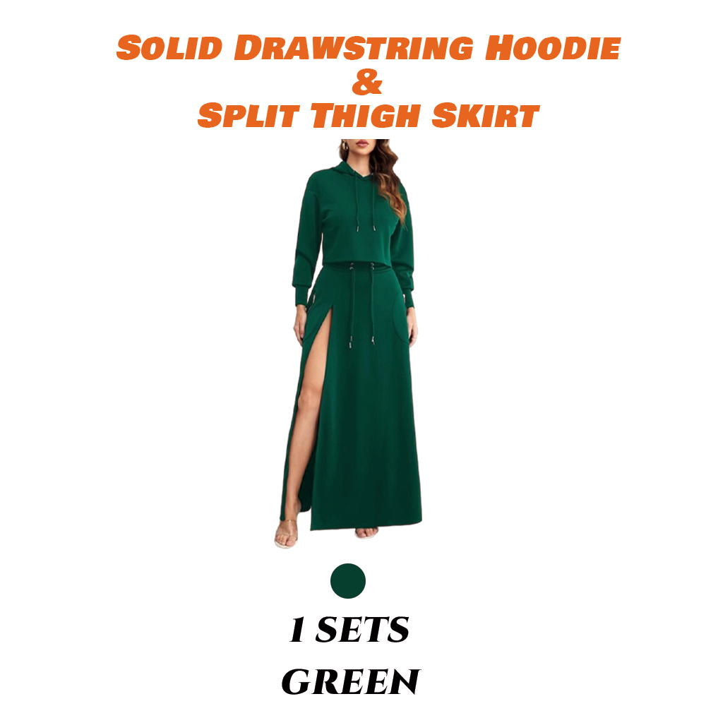 Women'S Solid Drawstring Hoodie & Split Thigh Skirt Set, Long Sleeve Top & Pocket Long Skirt, Casual Fashion Cozy Co-Ord Set, Women Clothes