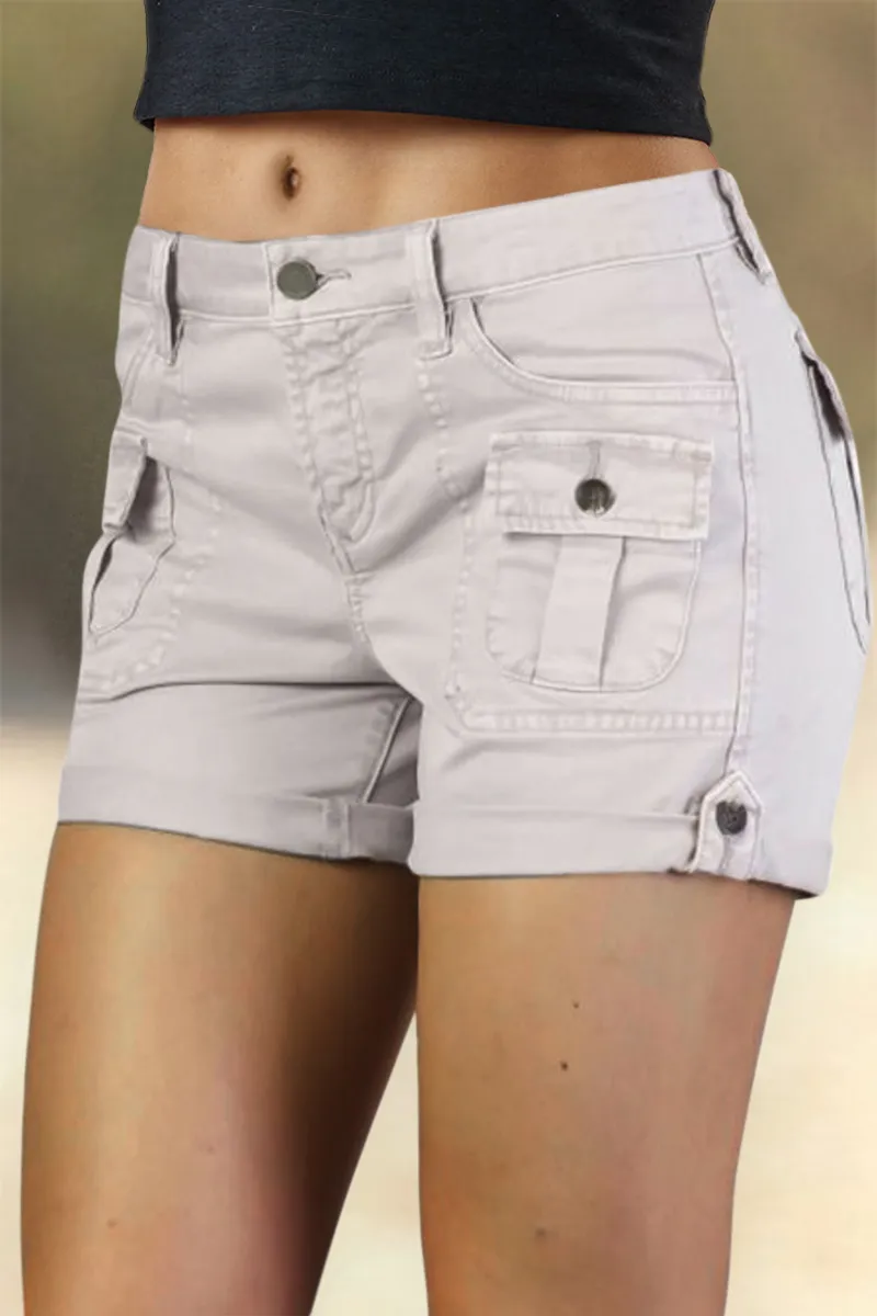 Flap Pocket Roll Tab Hem Mid Waist Shorts