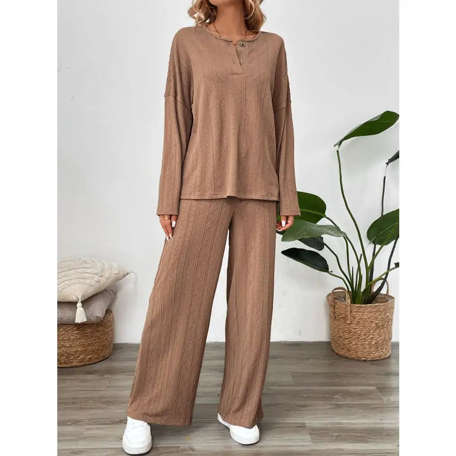 Quarter Button Long Sleeve Top and Pants Set