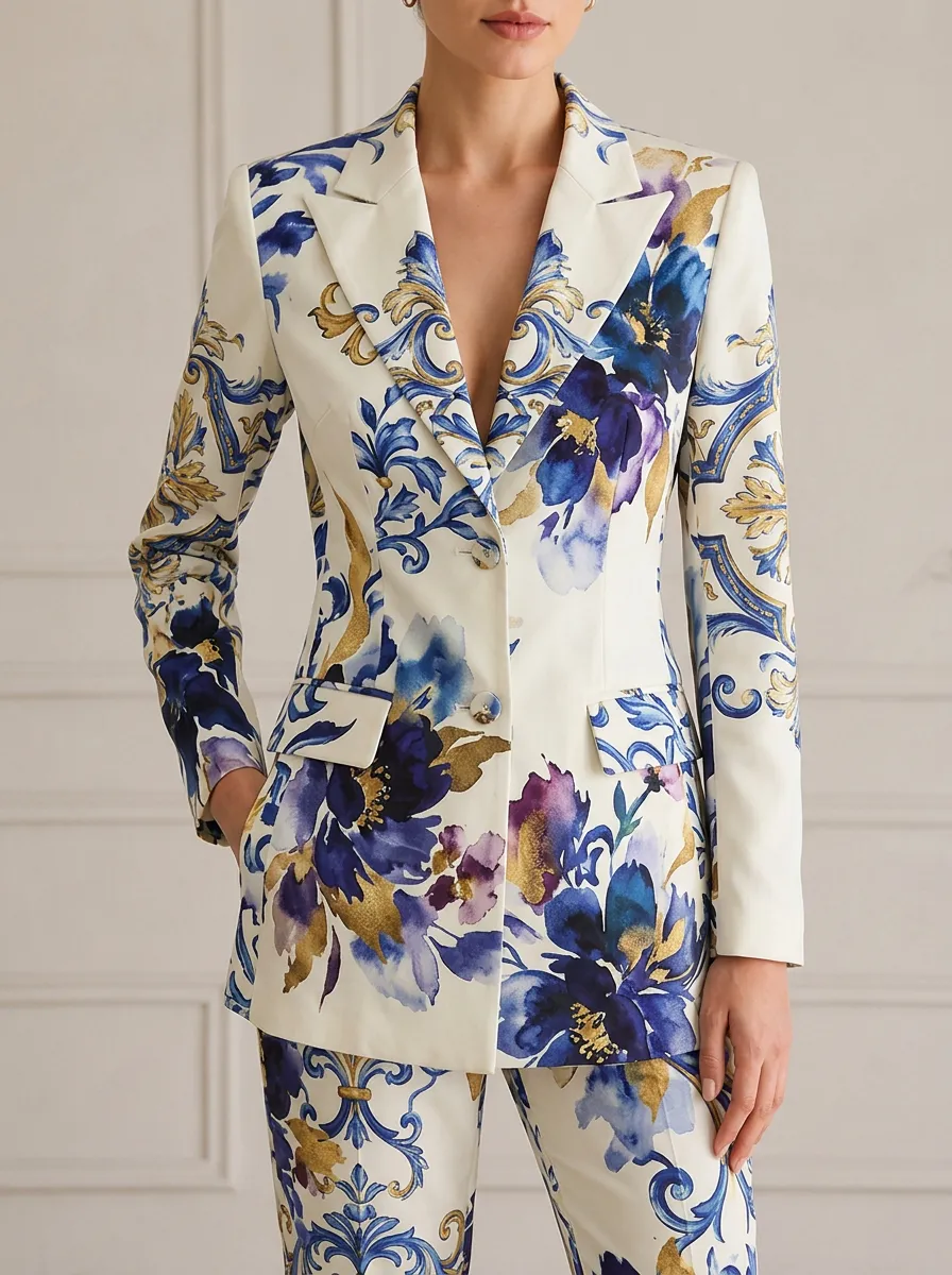 Women's Baroque Floral Watercolor Printed Blazer